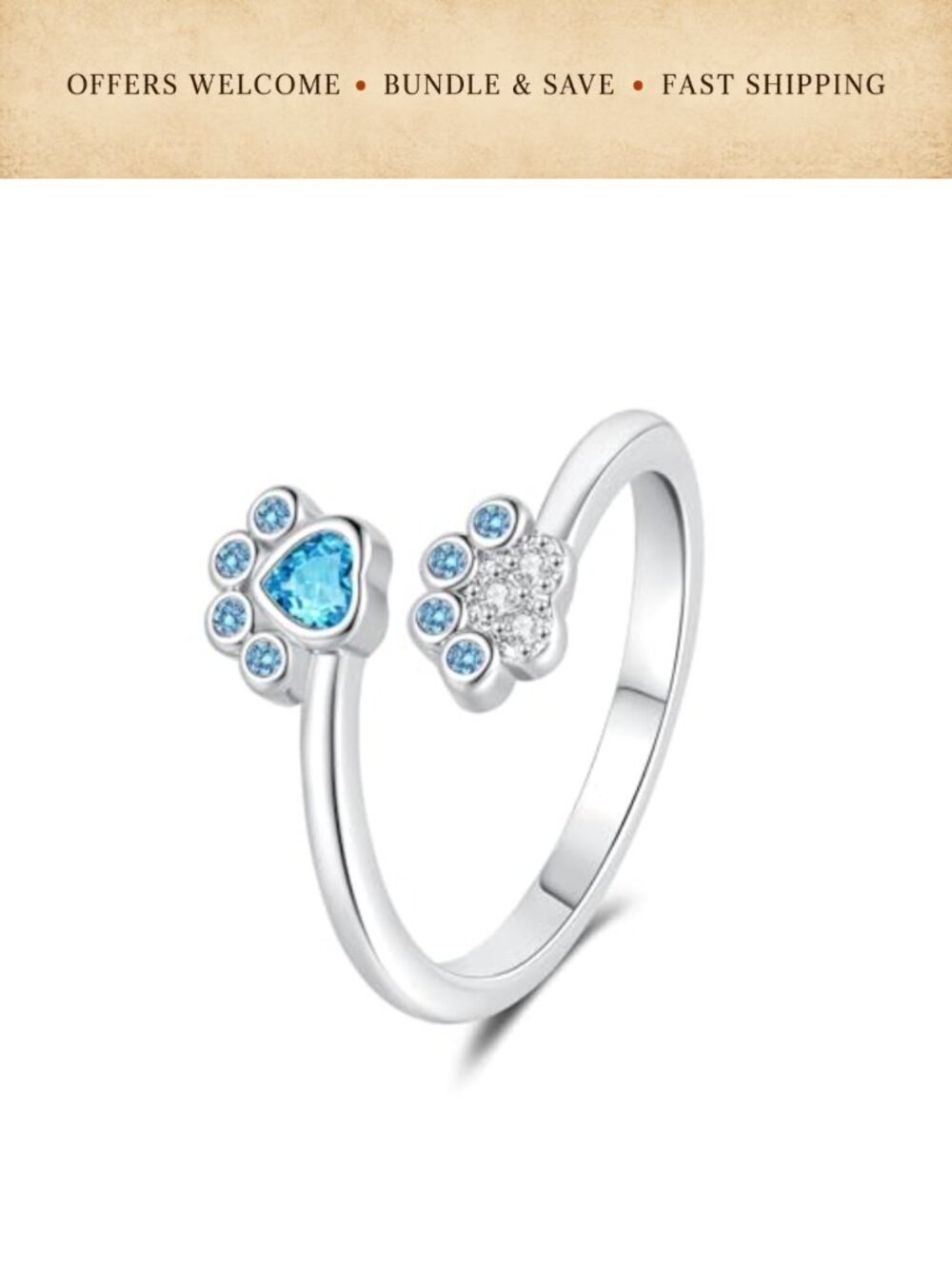 Dog Paw Heart CZ Open Band Sterling Silver Plated Adjustable Ring
